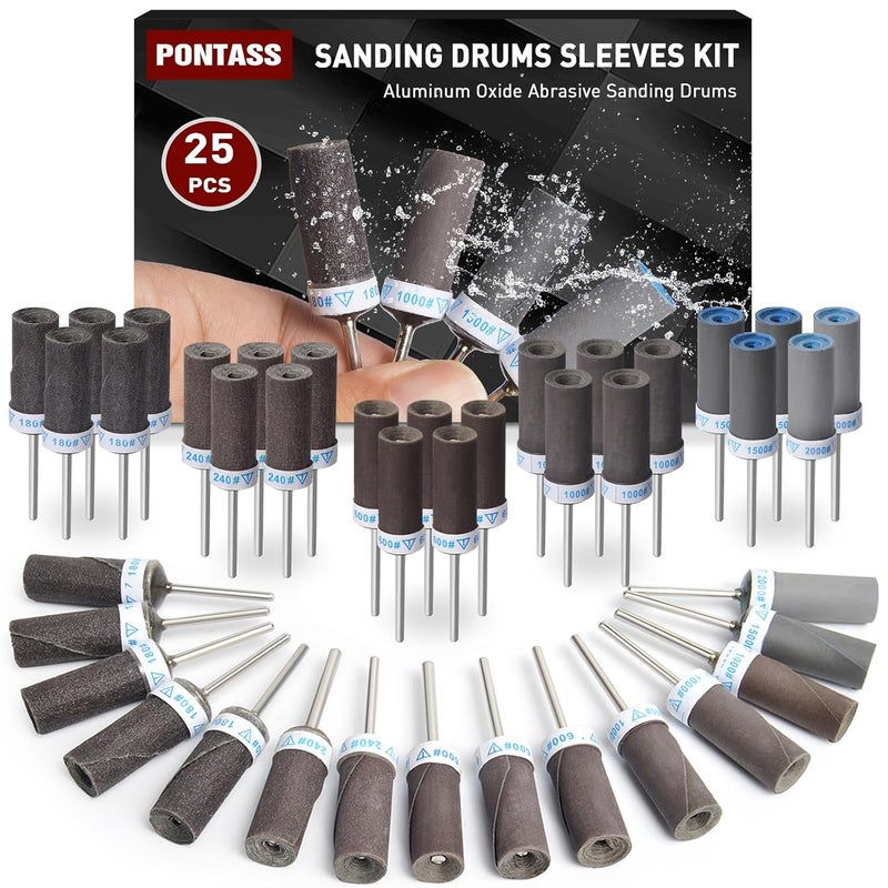 PONTASS 25Pcs Sanding Drums Sandpaper Sticks Set with 1/8"(3mm) Shank for Dremel Rotary Tool, 180/240/600/1000/1500/2000 Grits Different Meet More Needs for Metal Rust Removal/Jade Polishing/Stone Grinding - Image 1